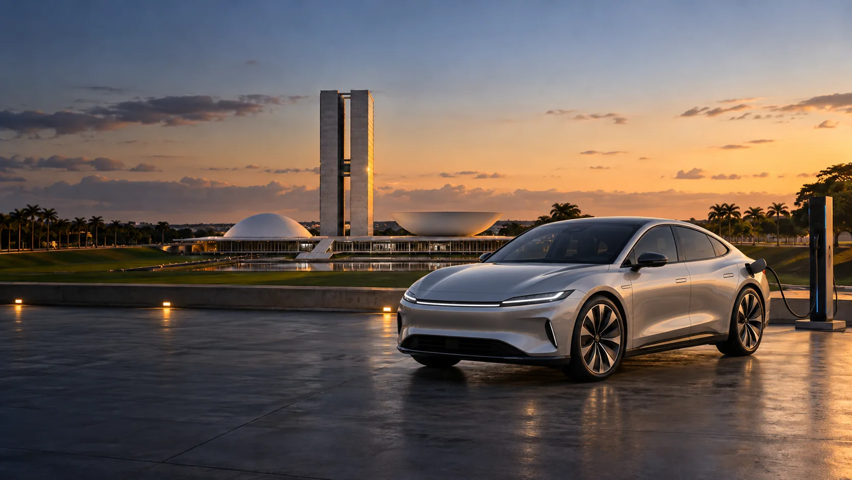 Fastback elétrico conectado a um carregador diante da arquitetura de Brasília