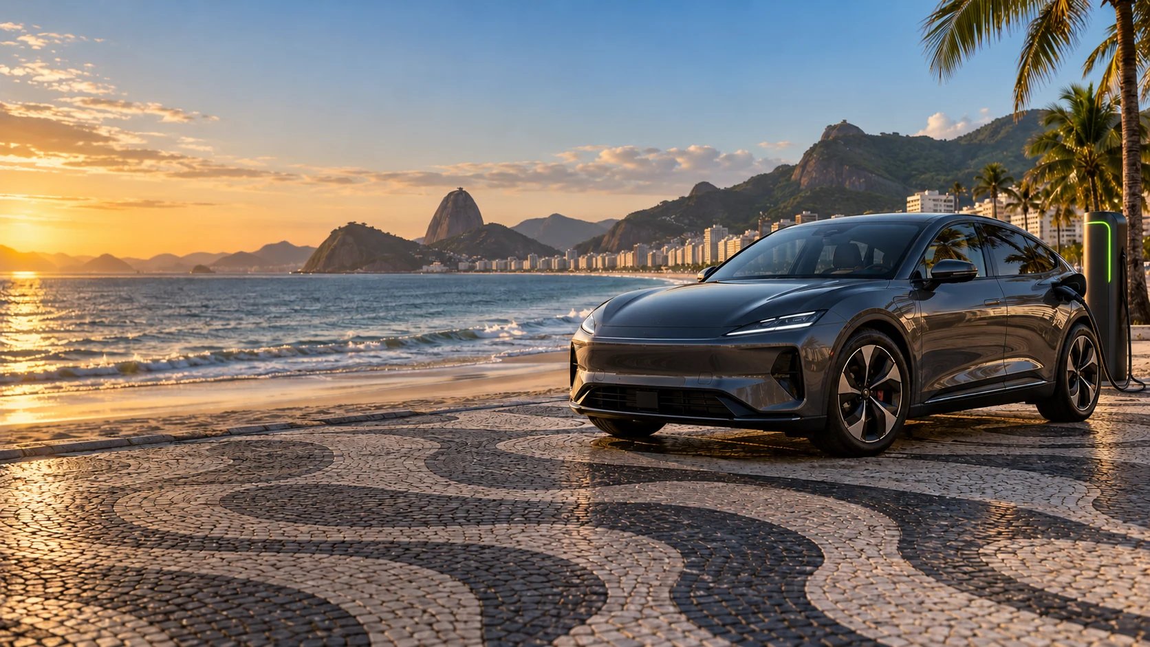 Carro elétrico conectado a um carregador em Copacabana, Rio de Janeiro